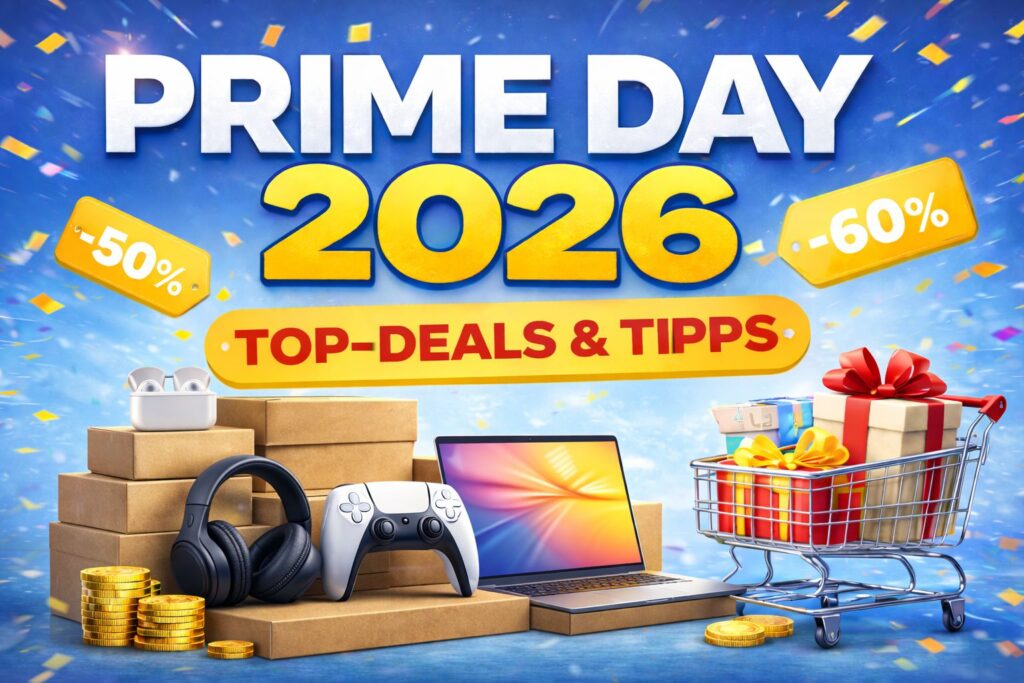 Prime Day 2026 Titelbild mit Technik-Produkten, Laptop, Kopfhörern, Geschenkboxen und goldenen Münzen für starke Deals